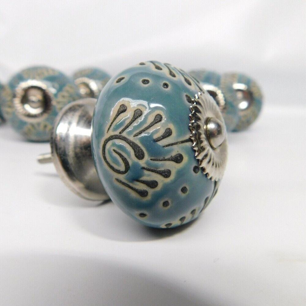 Casa Decor Ceramic DRAWER PULL KNOBS CABINET Blue Silver Handmade India-Set of 8